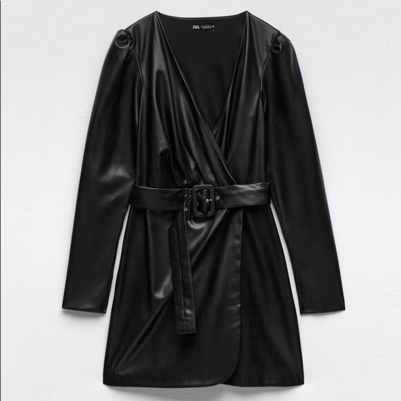 ZARA BELTED FAUX LEATHER DRESS BLACK - Picture 3 of 5